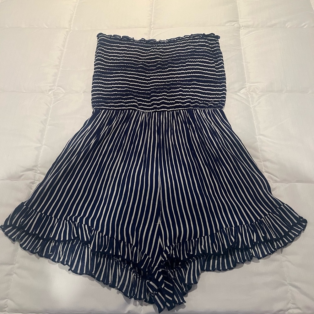 navy blue & white strapless romper